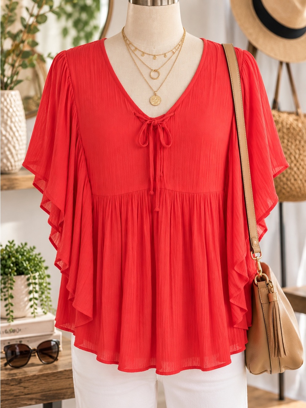 Red Orange Flutter Sleeve Women's Top